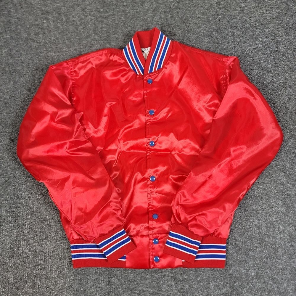 Vintage 70s West Wind Satin Bomber Jacket Bedford Bronco Pep Club Red Blue USA L